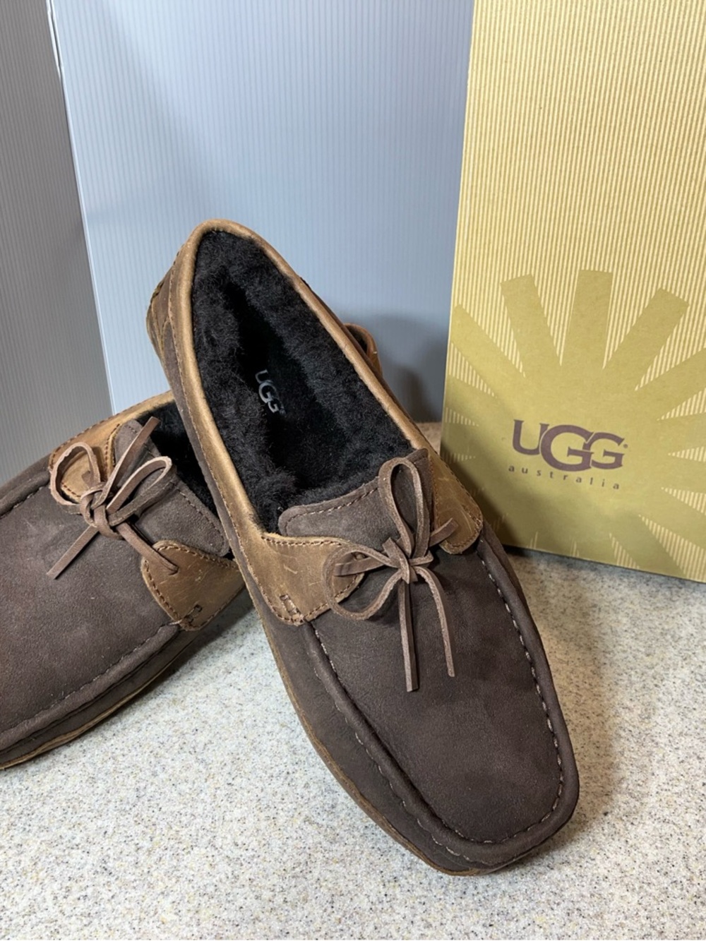 UGG Men's Dark Brown Suede Moccasin Slip-On Loafers with Tan Trim